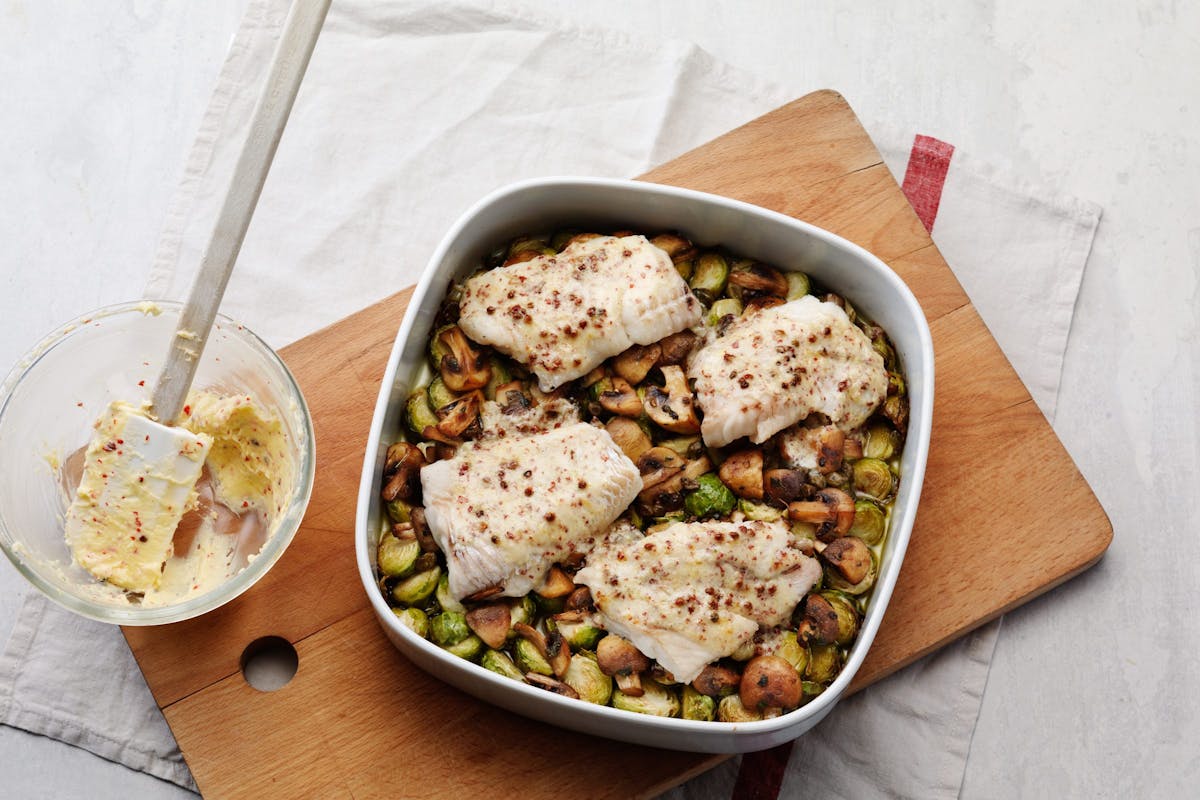 Cod with Brussels Sprouts and Mushrooms
