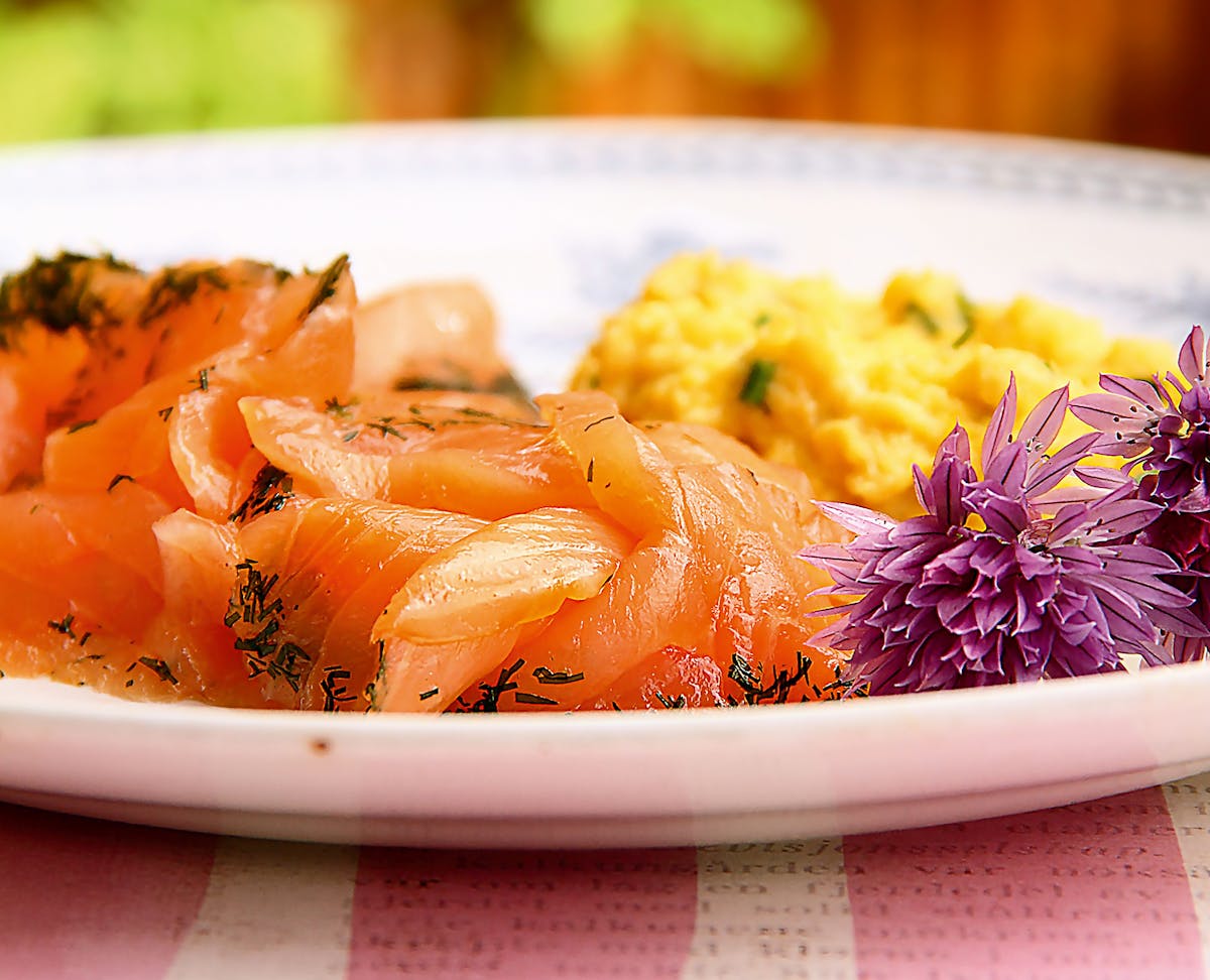 Sweet and Salt-Cured Salmon with Scrambled Eggs and Chives